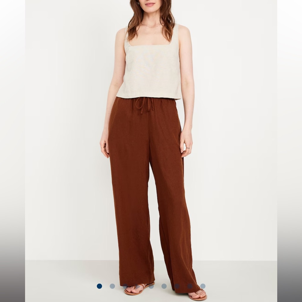 Brown High-waisted Linen Wide-Leg Pants